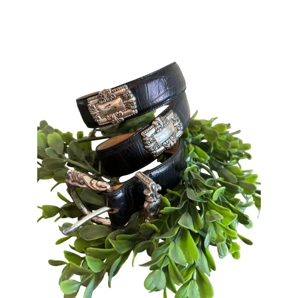 Vintage Brighton Leather Belt, Embossed Alligator Print leather, Concho Silver O